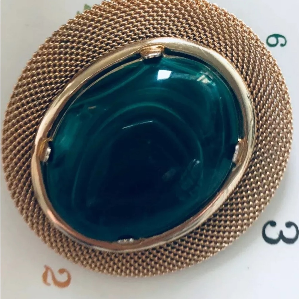 Green Malachite Brooch goldtone woven mesh frame